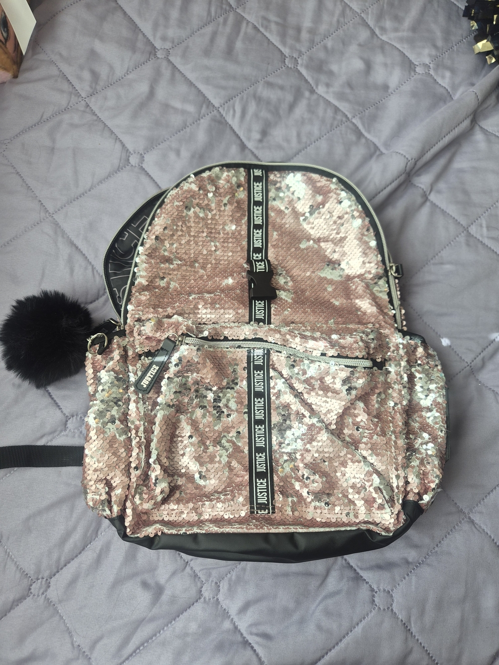 Justice Rose Gold Sequin Backpack with Pom Pom